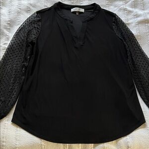 Kasper Elegant Black Blouse with Sheer Polka Dot Sleeves